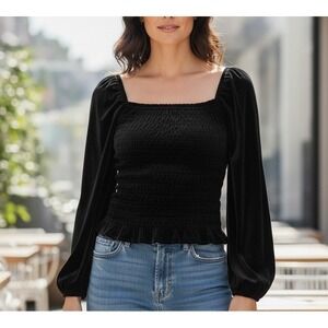 BAGATELLE COLL Womens Top M Black Velvet Smocked‎ Square Retro Fairy Grunge Y2K